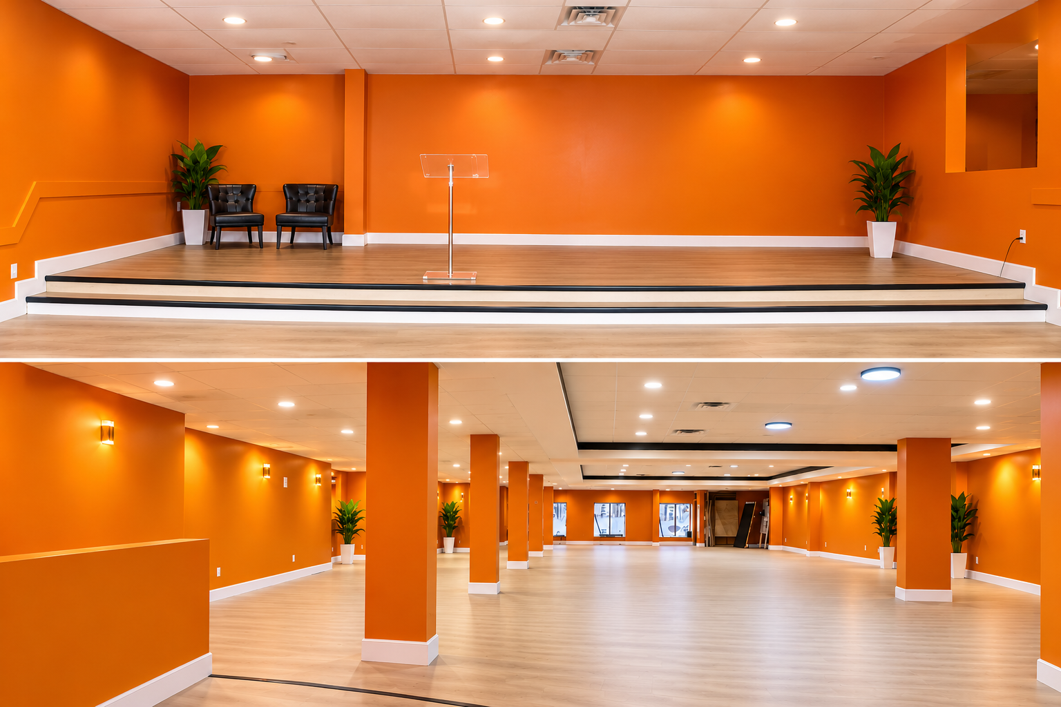 The Mimi Bites event space with its orange walls and raised stage