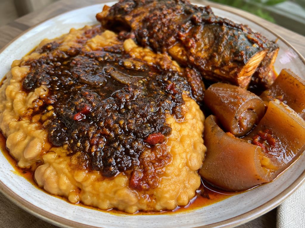 Ewa Agoyin with Panla Fish and Ponmo